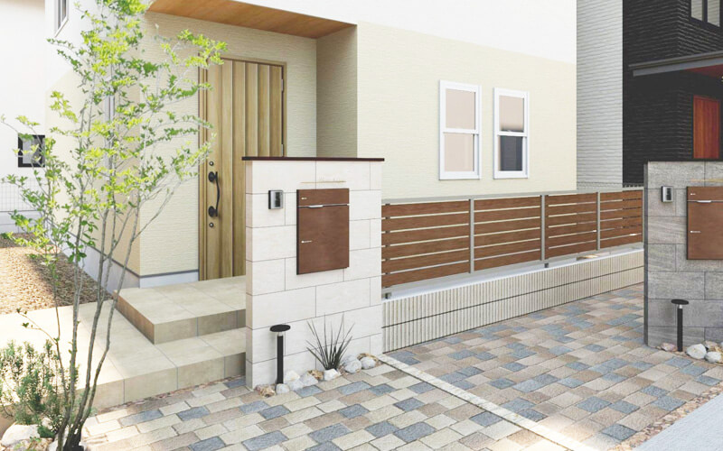 岐阜県土岐市のエクステリア工事 - 株式会社林組による木目調フェンスとタイル外構サービス